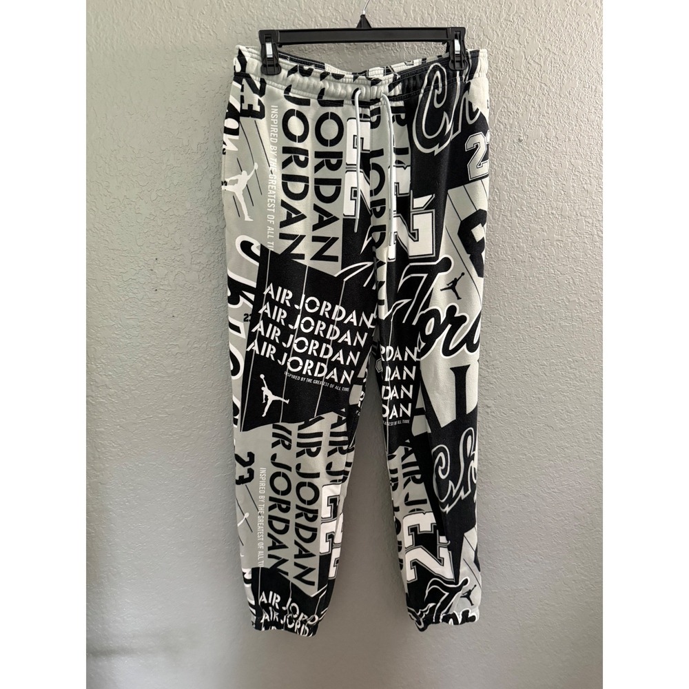 Nike Air Jordan Fleece Joggers Sweatpants MED Loose Graphic Black Grey - Picture 2 of 12